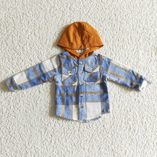 BT0074 Boys Blue Plaid Hooded Long Sleeve Shirt