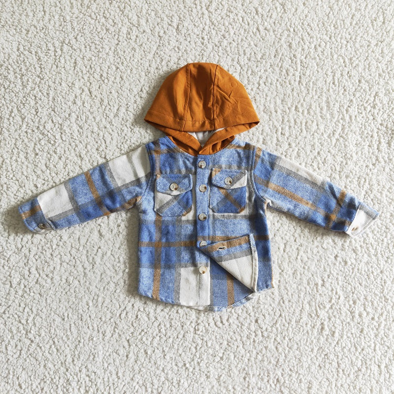 BT0074 Boys Blue Plaid Hooded Long Sleeve Shirt