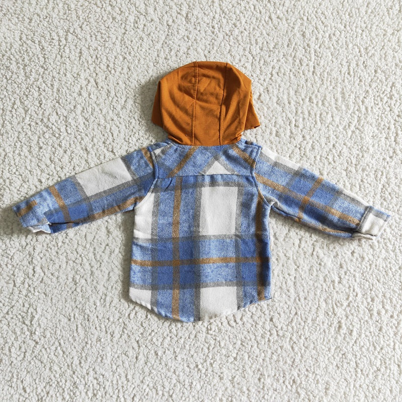 BT0074 Boys Blue Plaid Hooded Long Sleeve Shirt