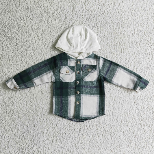 BT0075 Boys Green Flannel Plaid Hooded Long Sleeve Shirt