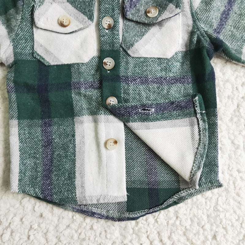BT0075 Boys Green Flannel Plaid Hooded Long Sleeve Shirt