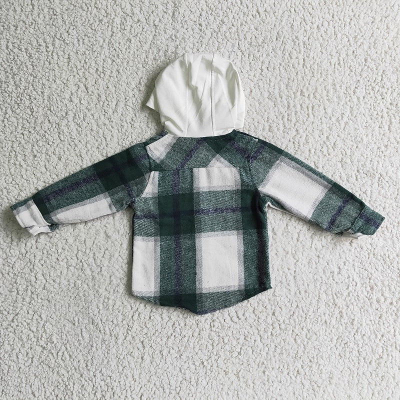 BT0075 Boys Green Flannel Plaid Hooded Long Sleeve Shirt