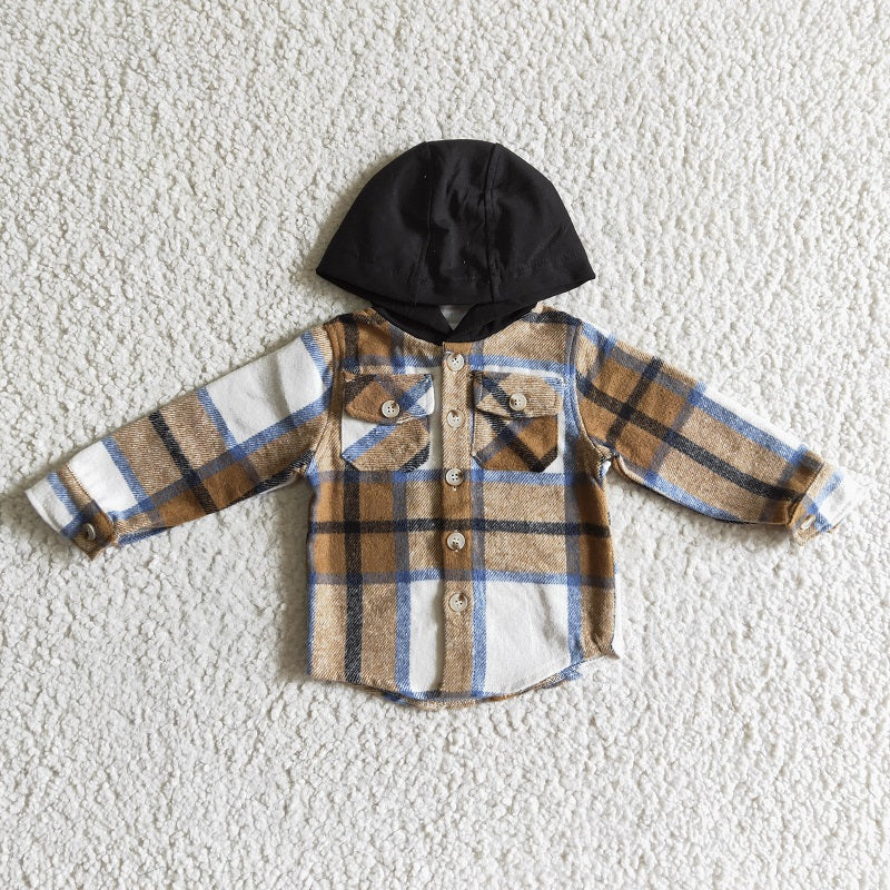 BT0076 Boys Khaki Check Hooded Long Sleeve Shirt