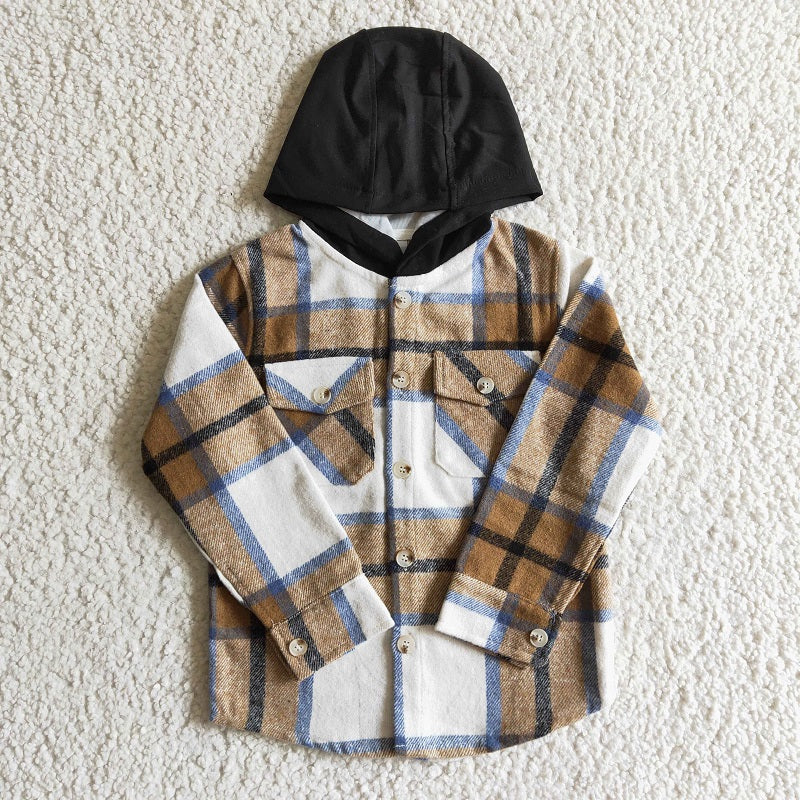 BT0076 Boys Khaki Check Hooded Long Sleeve Shirt