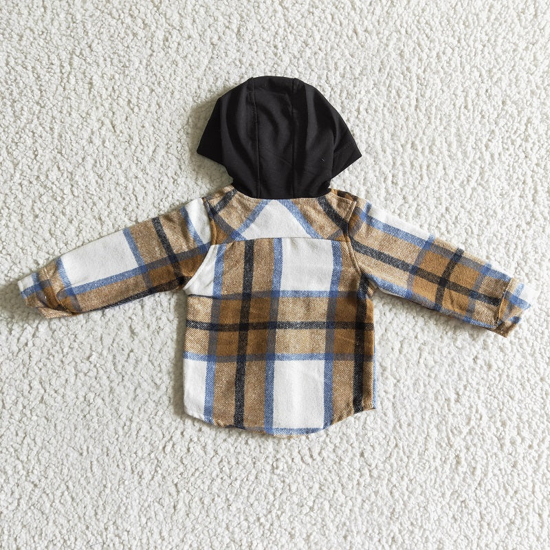 BT0076 Boys Khaki Check Hooded Long Sleeve Shirt