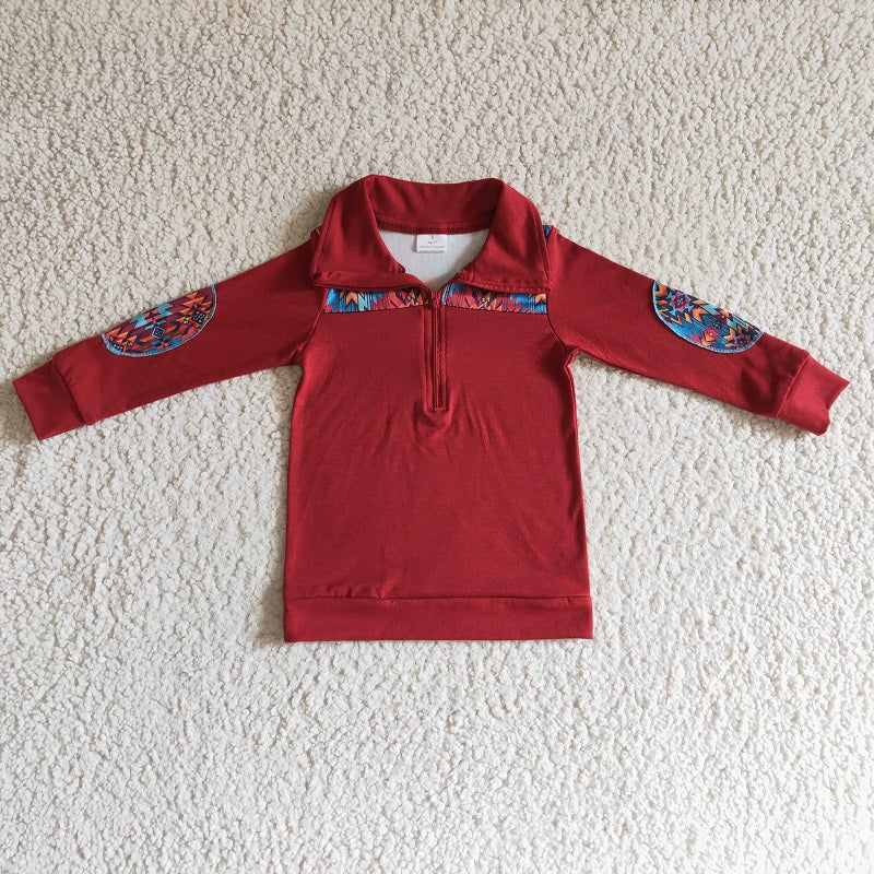BT0080 Boys Geometric Pattern Brown Zip Long Sleeve Top