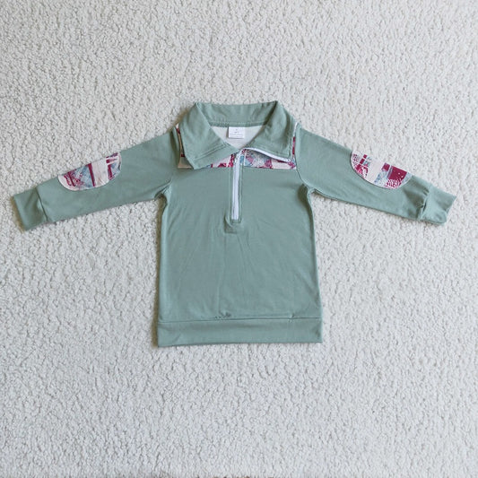 BT0086 Boys Christmas Fawn Pattern Blue Zip Long Sleeve Top
