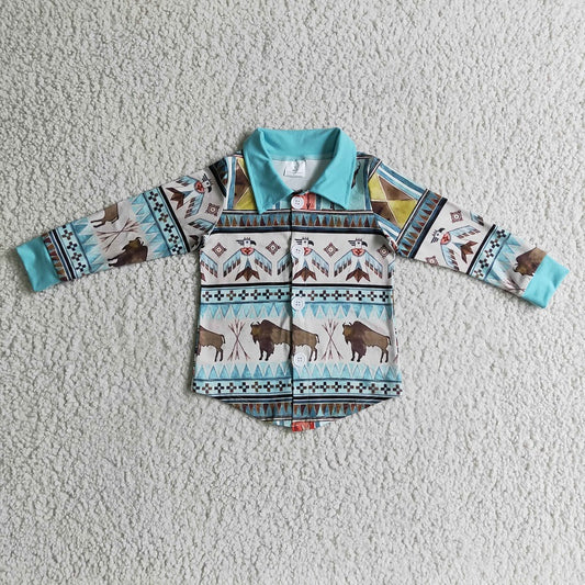 BT0090 Boys Cow Deer Geometric Blue Long Sleeve Shirt