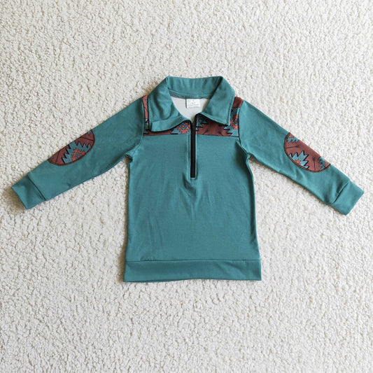 BT0093 Boys Geometric Green Zip Long Sleeve Top
