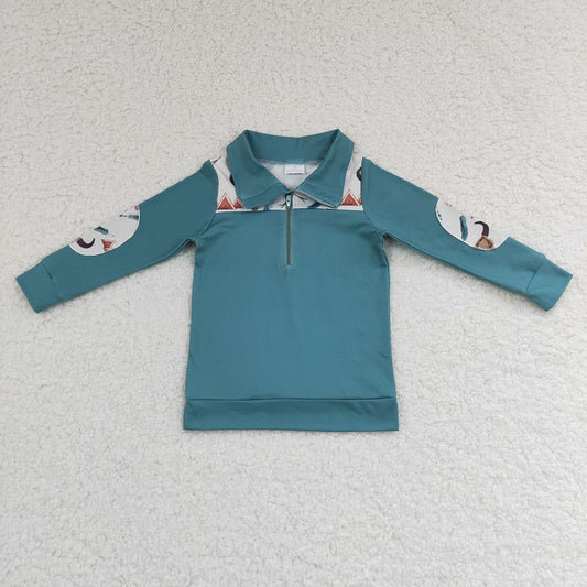 BT0105 Boys Bull Head Green Zipper Long Sleeve Top