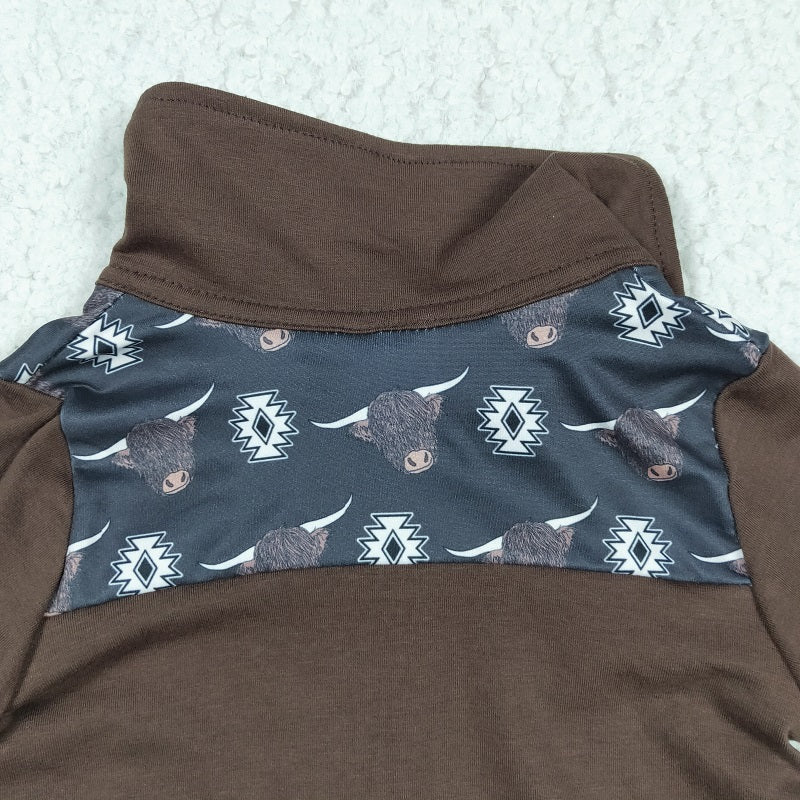 BT0115 Boys' Alpine Geometric Brown Zip Long Sleeve Top