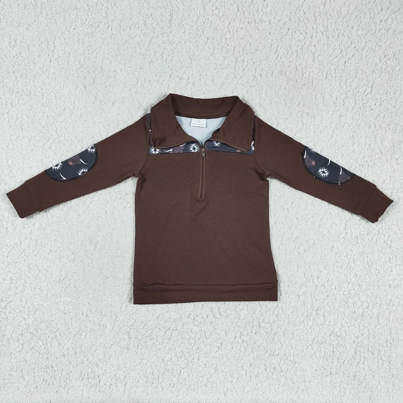 BT0115 Boys' Alpine Geometric Brown Zip Long Sleeve Top