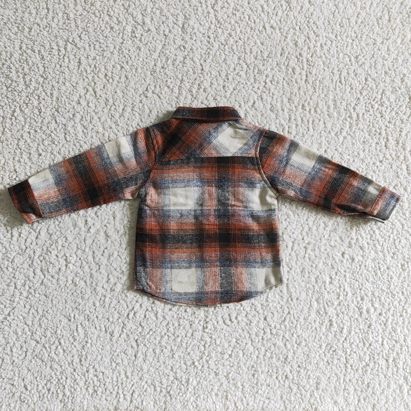 BT0116 Boys Orange Striped Plaid Long Sleeve Shirt