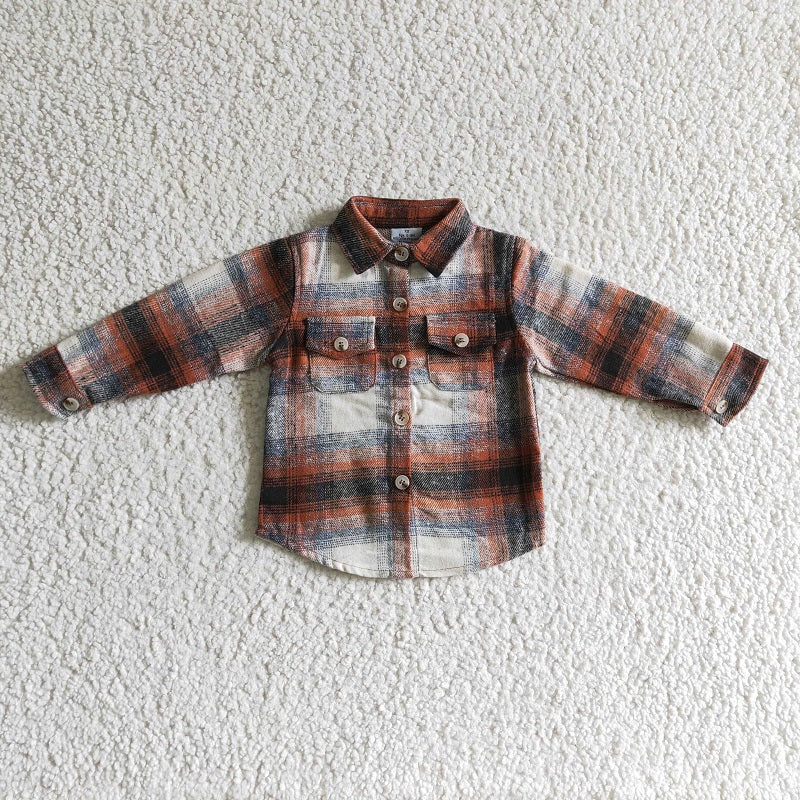 BT0116 Boys Orange Striped Plaid Long Sleeve Shirt