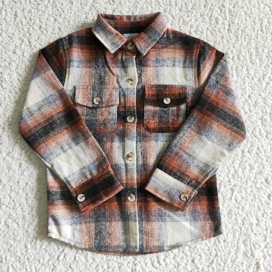 BT0116 Boys Orange Striped Plaid Long Sleeve Shirt