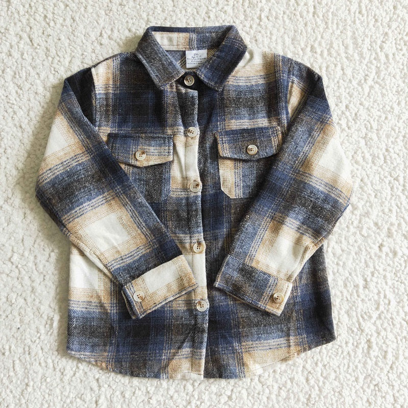 BT0117 Boys Blue and Black Striped Plaid Long Sleeve Shirt