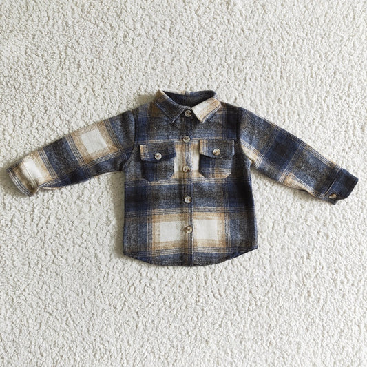 BT0117 Boys Blue and Black Striped Plaid Long Sleeve Shirt