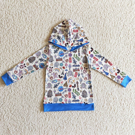 BT0118 Boy Cartoon Castle Blue Hooded Long Sleeve Top