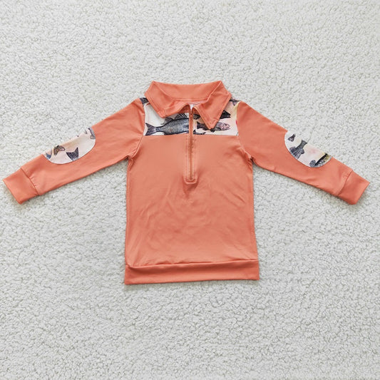BT0128 Boys Fishing Orange Zip Long Sleeve Top