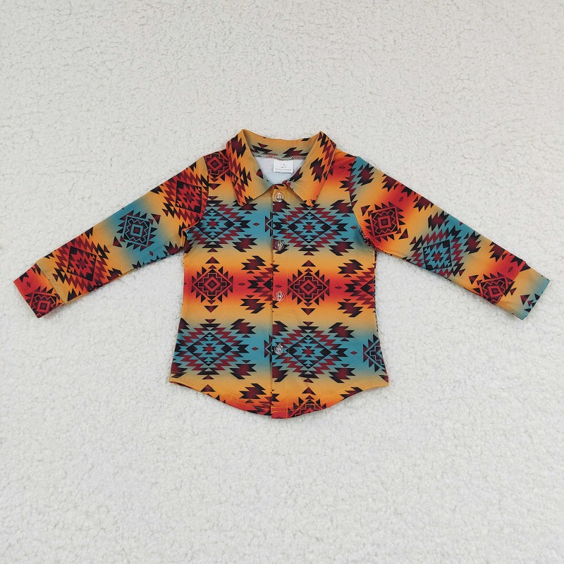 BT0129 Boys Geometric Pattern Red and Green Stripe Button Long Sleeve Top