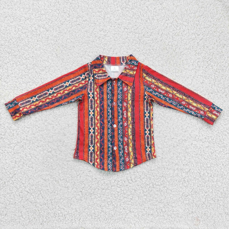 BT0131 Boys Geometric Pattern Colorful Striped Long Sleeve Shirt