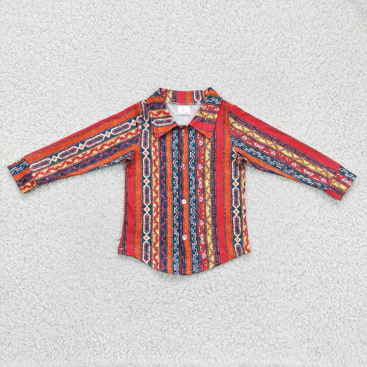 BT0131 Boys Geometric Pattern Colorful Striped Long Sleeve Shirt