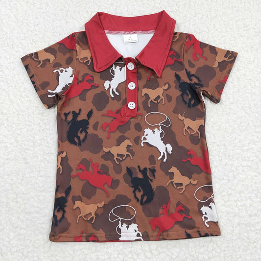 BT0162 Baby Boys Riding Brown Button Down Short Sleeve Top
