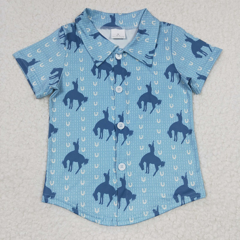 BT0164  Boys Riding Blue Button Down Short Sleeve Top