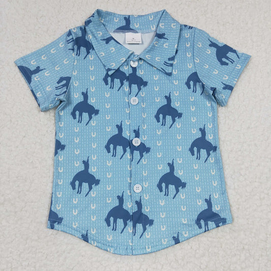 BT0164  Boys Riding Blue Button Down Short Sleeve Top
