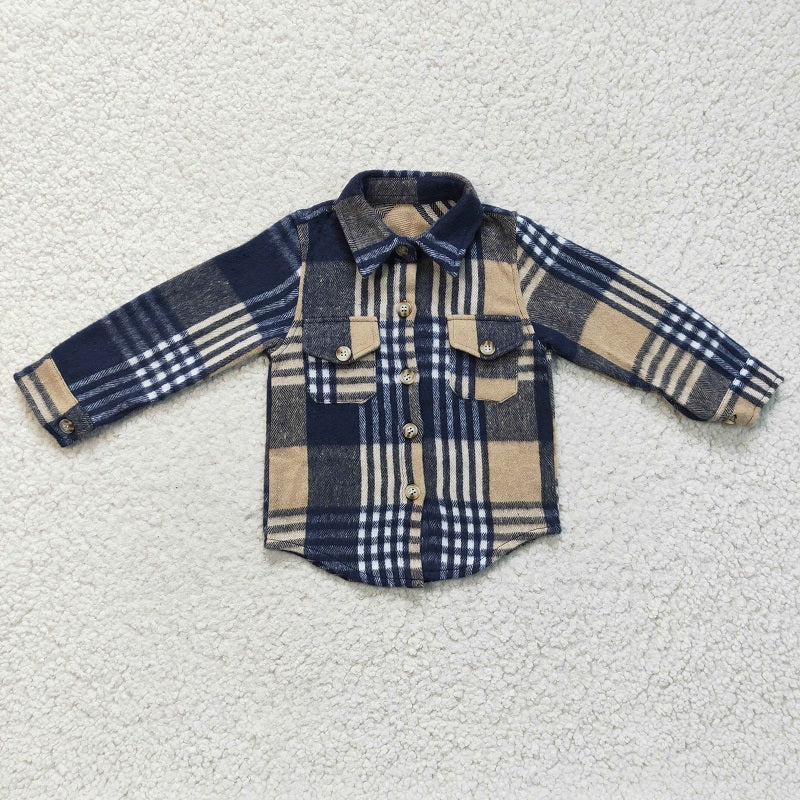BT0186 Boys Blue Khaki Striped Plaid Long Sleeve Shirt