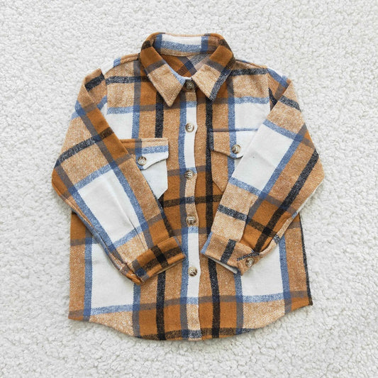 BT0189 Boys Khaki Striped Plaid Long Sleeve Shirt