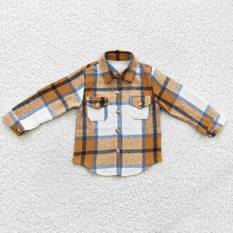 BT0189 Boys Khaki Striped Plaid Long Sleeve Shirt