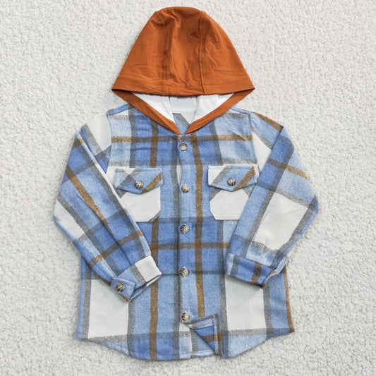 BT0208 Baby Boys Blue Plaid Hooded Long Sleeve Shirt