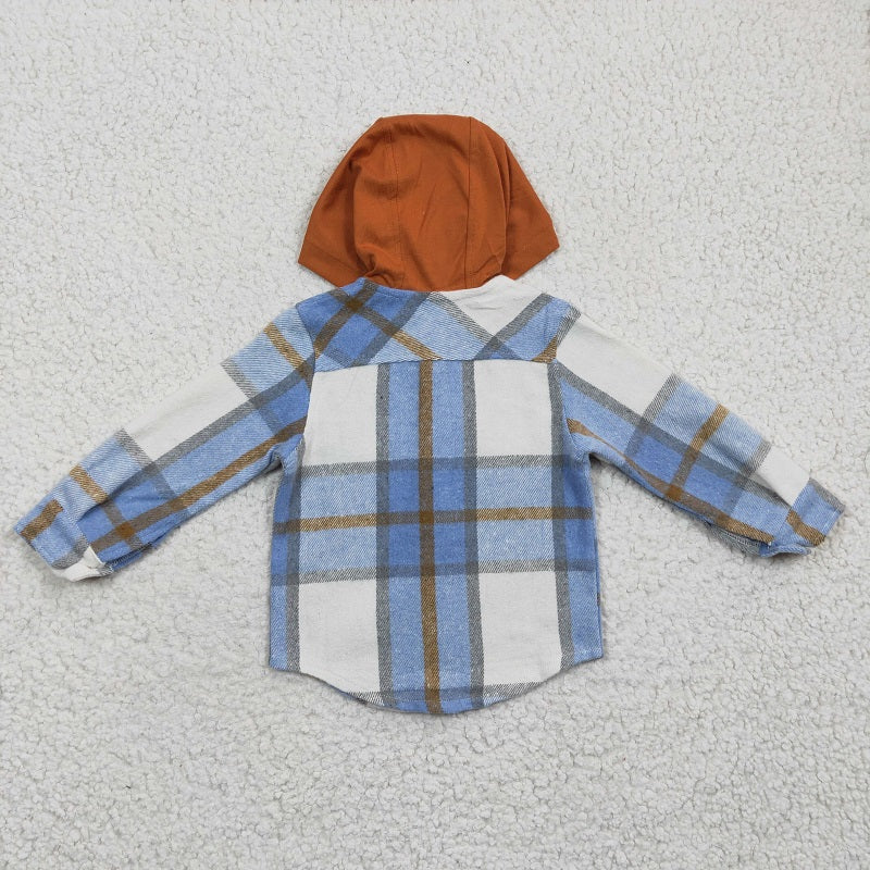 BT0208 Baby Boys Blue Plaid Hooded Long Sleeve Shirt