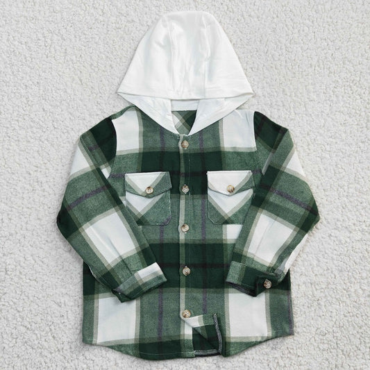 BT0209 Boys Green Plaid Hooded Long Sleeve Shirt