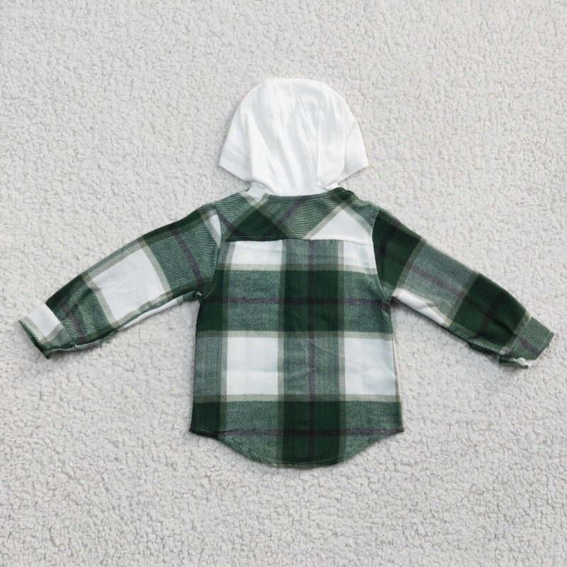 BT0209 Boys Green Plaid Hooded Long Sleeve Shirt