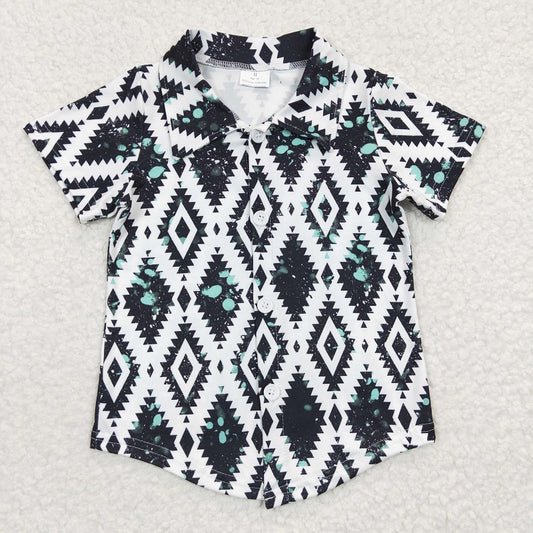 BT0212 Baby Boys Black and White Geometric Pattern Short Sleeve Top