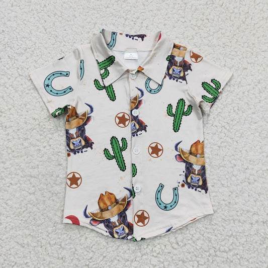 BT0213 Boys Cow Cactus White Short Sleeve Top