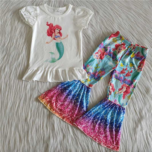 C12-10 Fish White Puff Sleeve Colorful Flared Pants Set