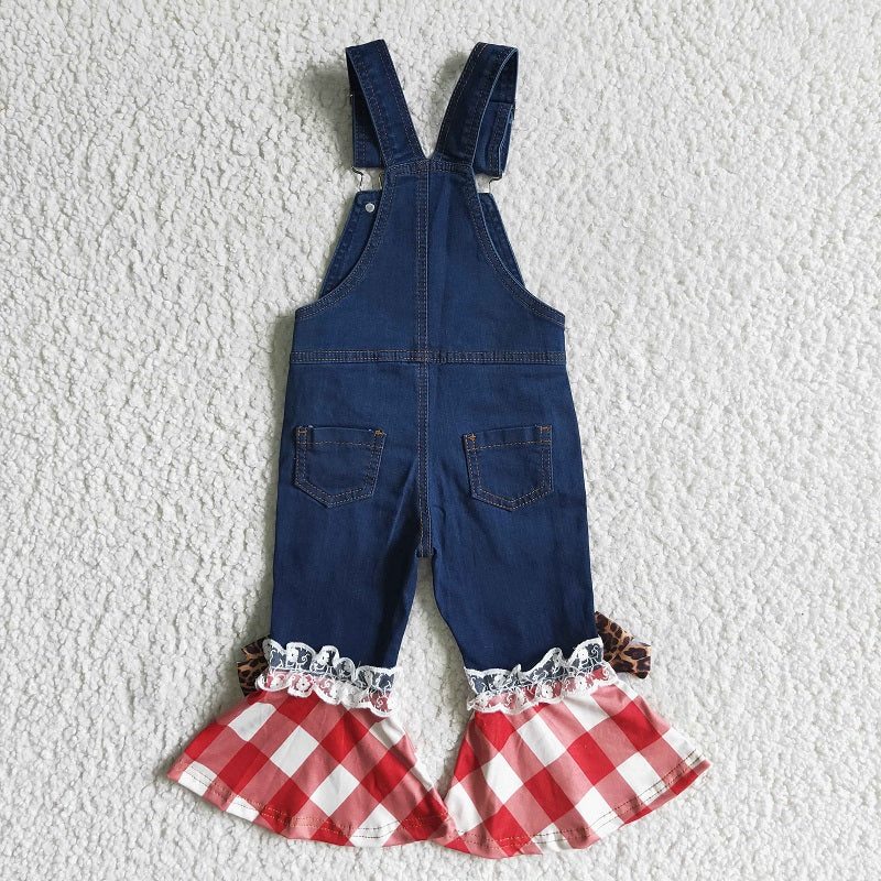 C16-16 New fashion baby girls leopard-print plaid suspender jeans