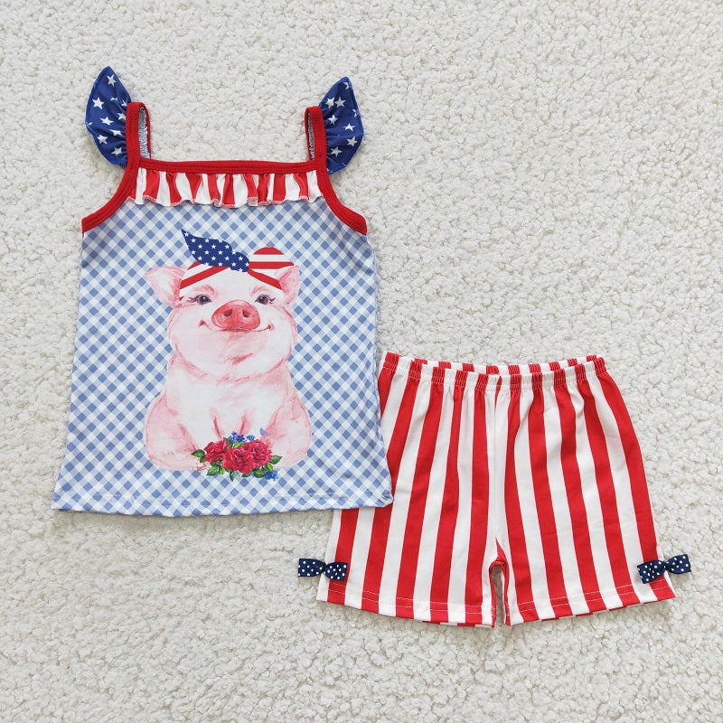 C4-11 Pig star stripe shorts set with shoulder straps