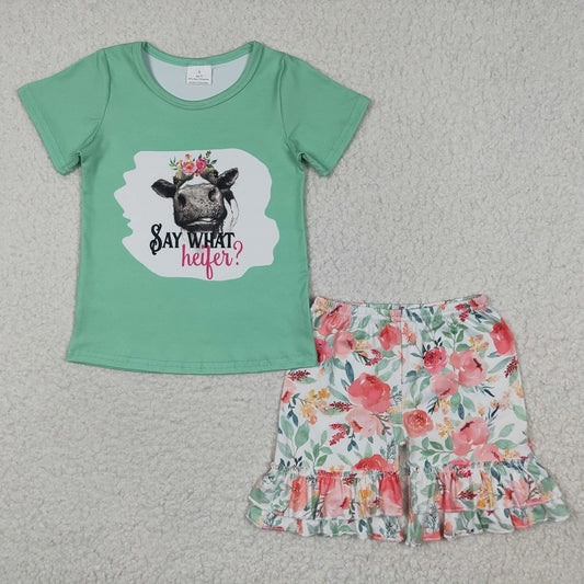 C4-16 Baby Girls Bullhead green short-sleeved floral shorts suit