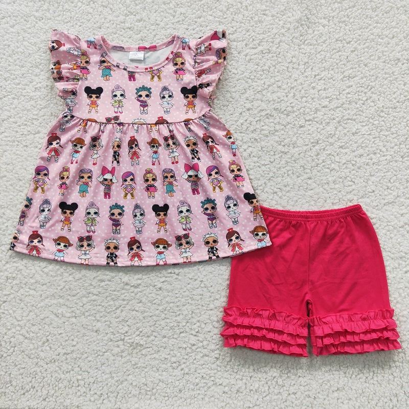 C5-14 Cartoon pink small flying sleeve skirt rose red shorts set