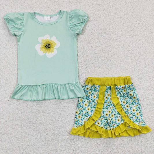 C9-2 Yellow flowers green top plant lace pants set