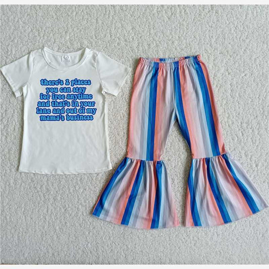 D10-15 Alphabet Short Sleeve Multicolor Striped Flared Pants Set