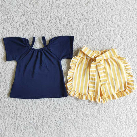 D4-28 Shoulder strap top yellow striped shorts set