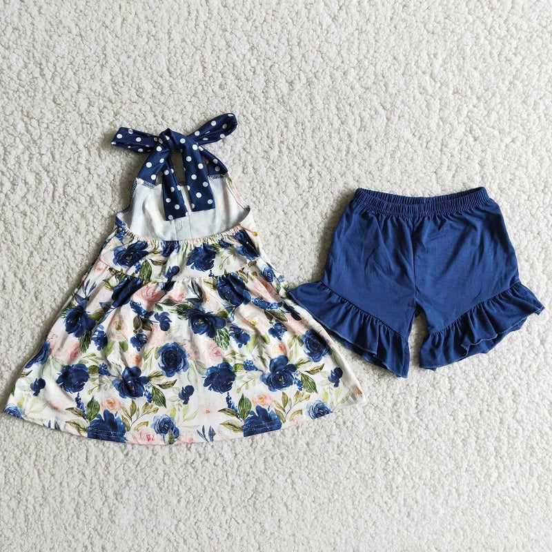 D7-19 Blue flower top polka dot halter neck suit
