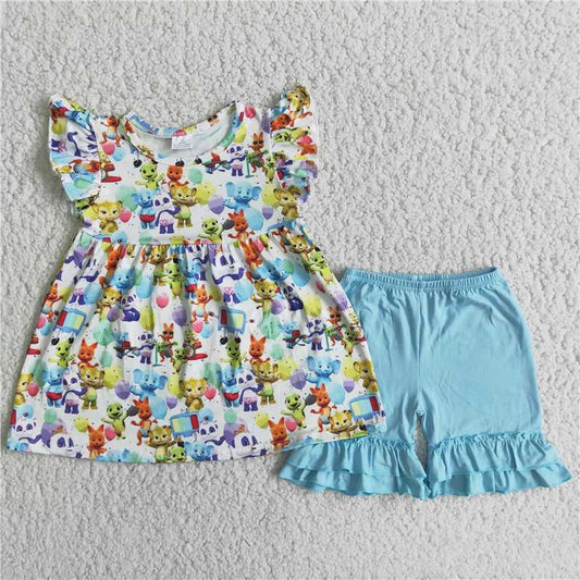 D7-27 Cartoon Panda Xiaofei Sleeve Blue Shorts Set