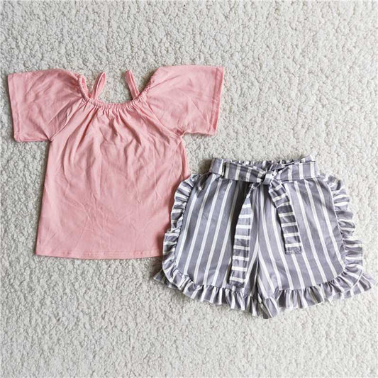 D7-28 Strap Top Gray Striped Shorts Set
