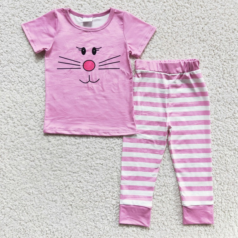 E3-27 Girls Cartoon cat pink short-sleeved trousers suit